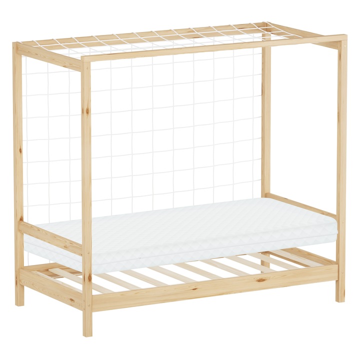 ML-Design gyerekágy focikapuval 166 x 86 x 153 cm, natúr bézs, habszivacs matraccal és levehető huzattal, masszív tömör fenyőfa vázzal, léces alappal és kapuhálóval, fiúknak, lányoknak és tinédzsereknek, teherbírás 90 kg