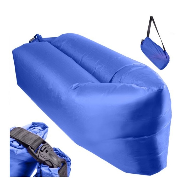 Saltea Autogonflabila "Lazy Bag" tip sezlong, 230 x 70cm, culoare Bleumarin, pentru camping, plaja sau piscina