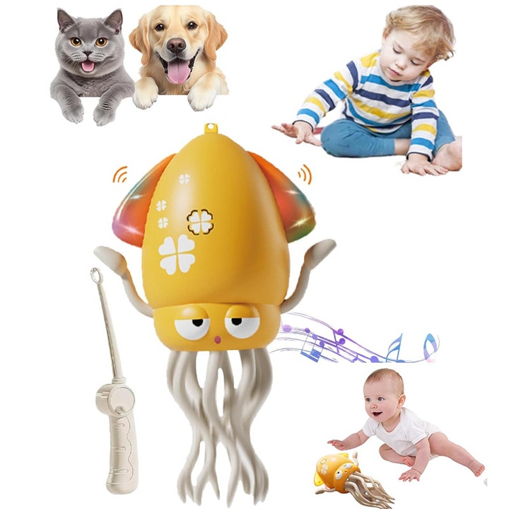 Zenélő játék gyerekeknek, LED, táncoló polip, USB, 8 láb, sárga/fehér
