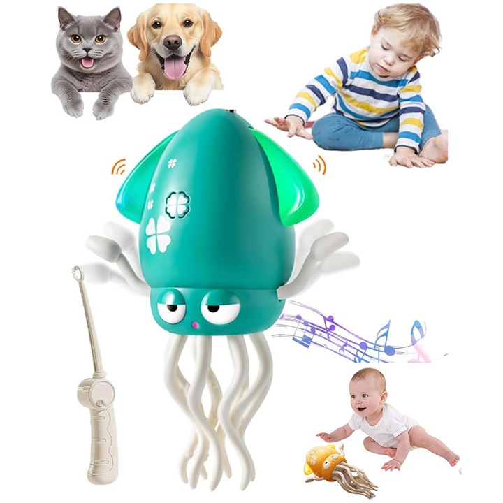 Gyerek zenélő játék, LED, táncoló polip, USB, 8 láb, zöld/fehér