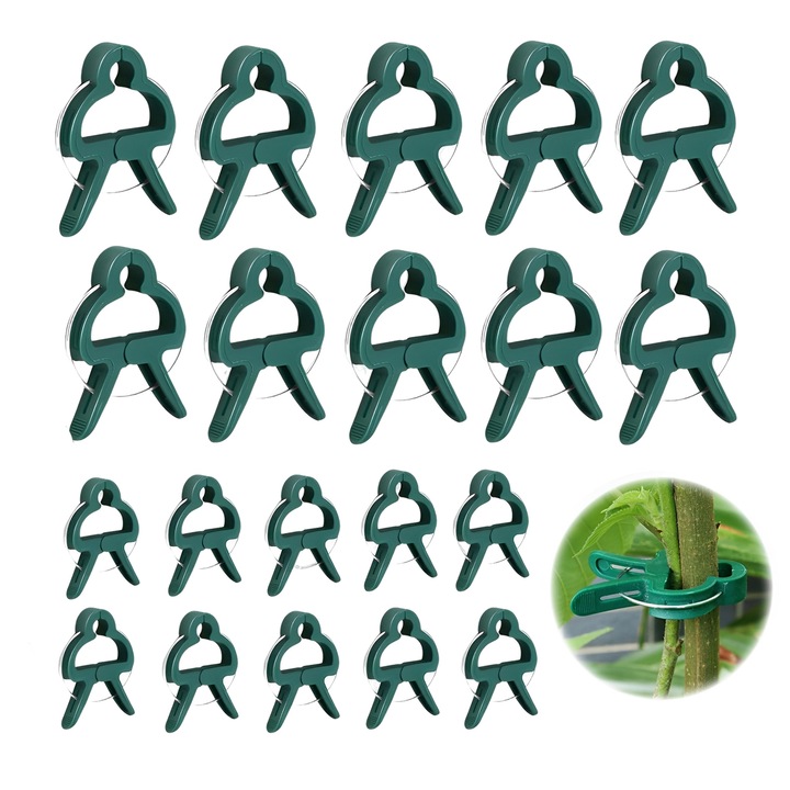 Set 20 cleme pentru plante, TREXORA, rezistente la vant, 2 dimensiuni, plastic, verde