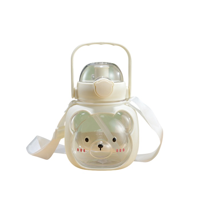 Термос за деца Mixbo, със сламка, каишка и дръжка, модел мечка, бял, пластмасов, 500 мл