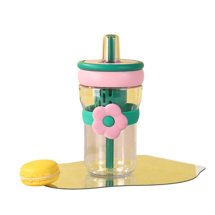 Детска чаша със сламка Mixbo, Модел Цвете, Пластмаса, Зелена, 500 мл