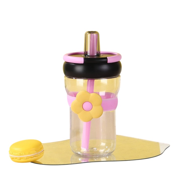 Чаша със сламка за деца Mixbo, модел цвете, пластмаса, розова, 500 мл