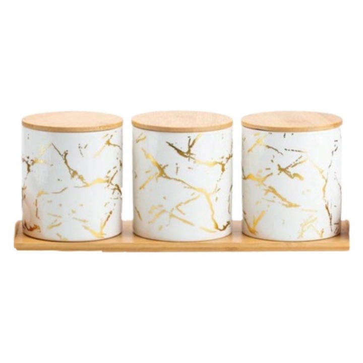 Set 3 Recipiente Ceramica, Capac si Suport Lemn, Design Elegant Marmurat, 300ml, Alb-Auriu