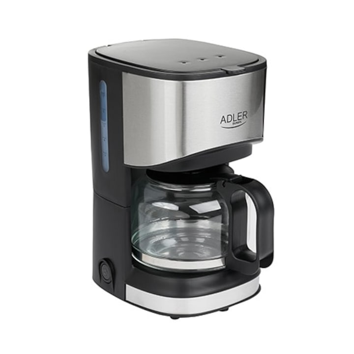 Кафемашина Adler AD 4407, стъкло/неръждаема стомана, 550 W, контейнер 0,7 л, система против прокапване, подвижен филтър, черно/сребристо