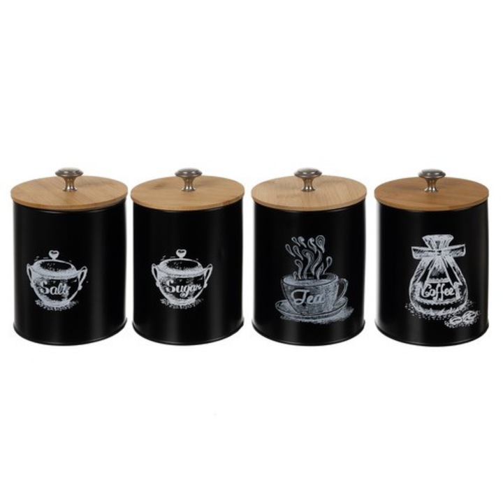 Set 4 piese recipiente bucatarie, Zola, ermetice, 1.5 l, negru mat, capac bambus, 17 x 11 x 11 cm