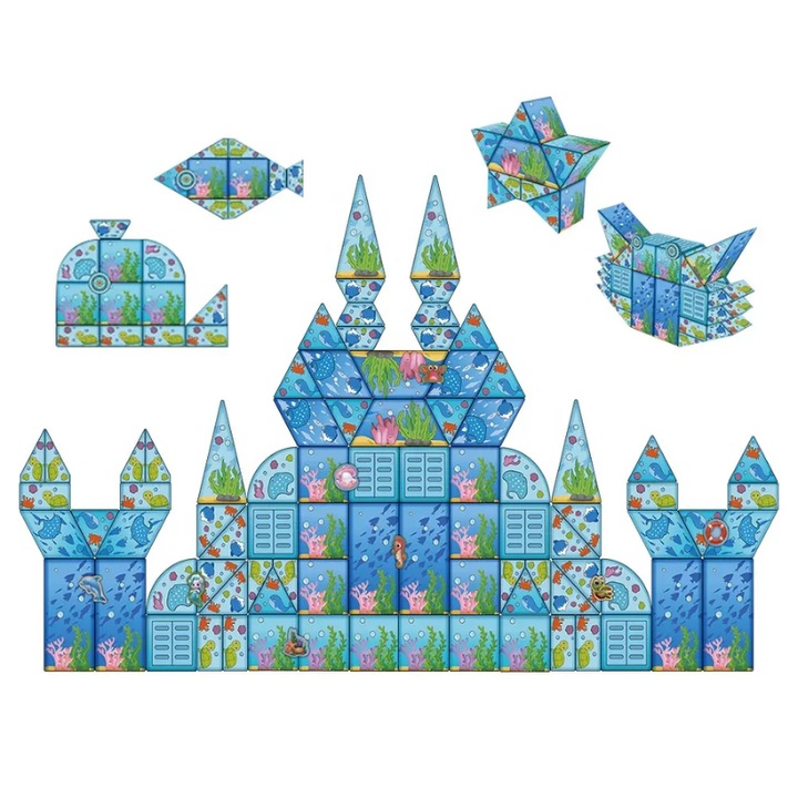 Set Magnetic Educativ Ocean Ludiro, 108 Piese cu Tematica Marina, Forme Geometrice si Figurine pentru Creativitate si Invatare prin Joaca