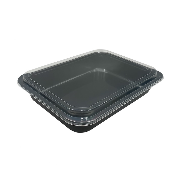 Set 50 de caserole Meniu cu 1 compartiment si capac transparent inclus, Termo, reutilizabile, 22,7 x 17,8 x 4 cm, Negru