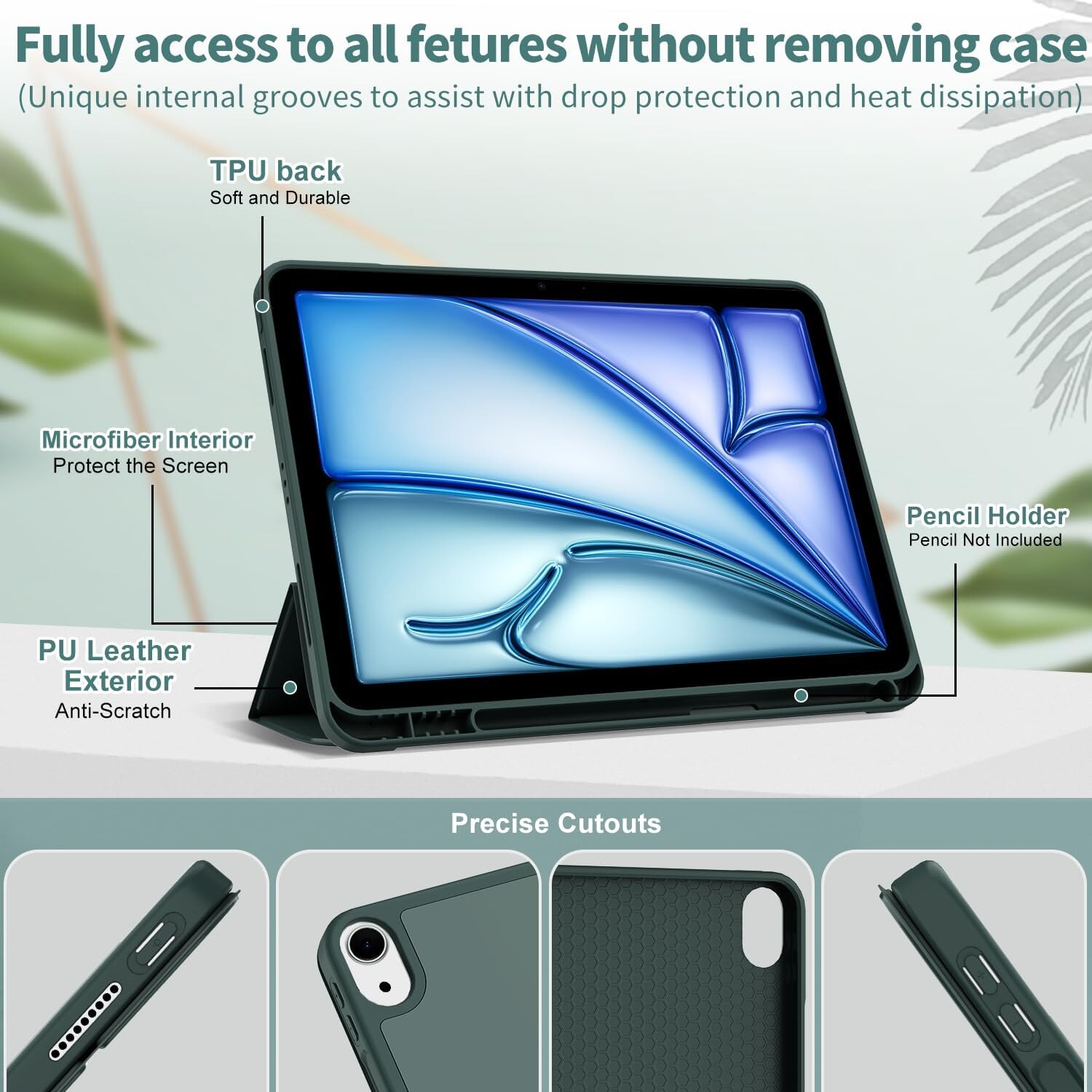 Husă tabletă Sonlaryin pentru iPad Air 11 inch 2024, verde închis, cu suport pentru creion, funcție auto sleep/wake