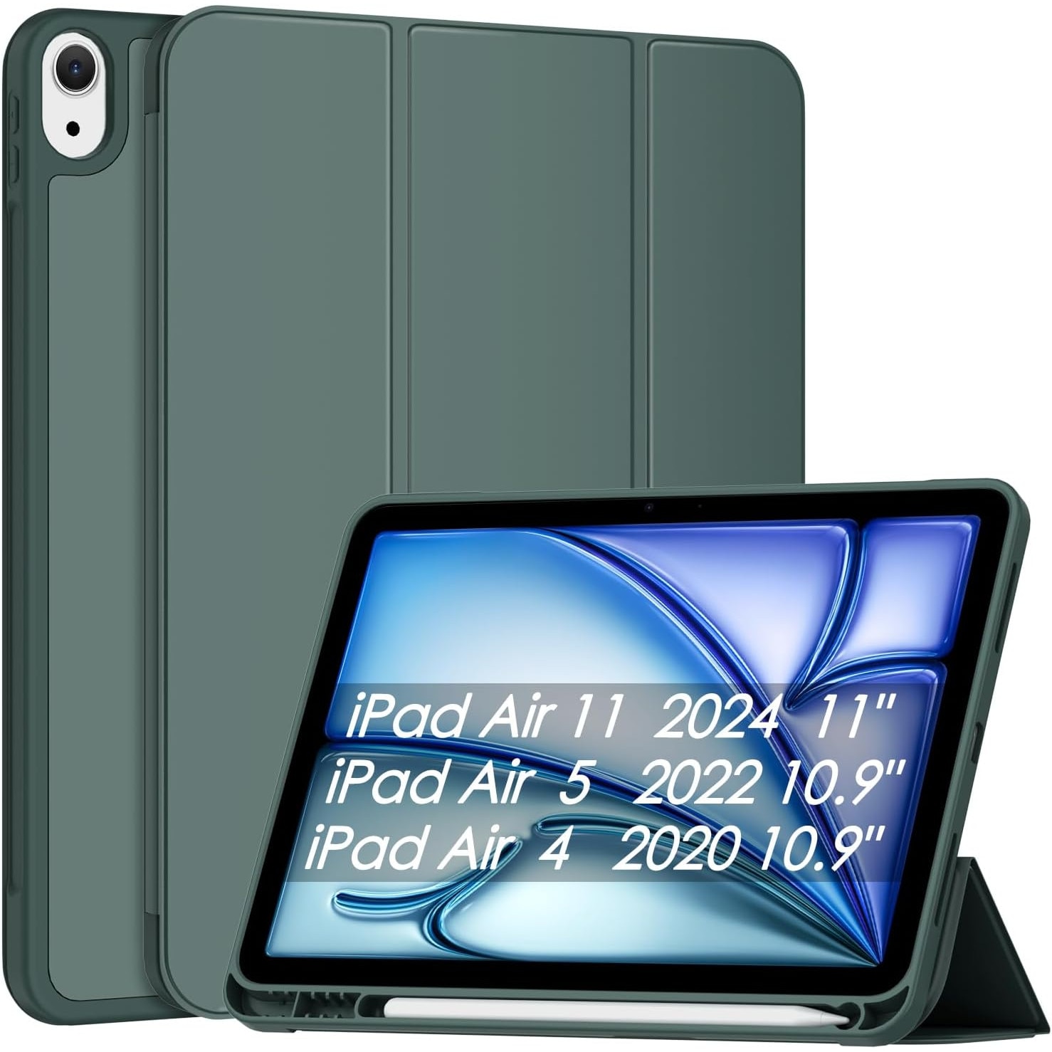 Husă tabletă Sonlaryin pentru iPad Air 11 inch 2024, verde închis, cu suport pentru creion, funcție auto sleep/wake