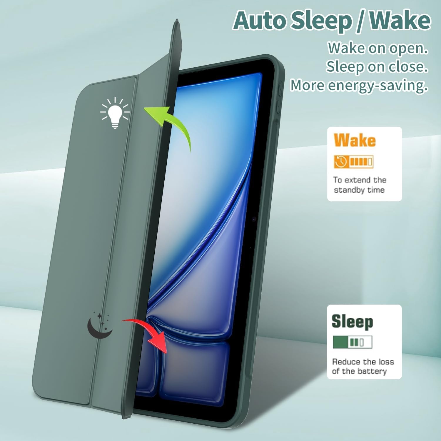 Husă tabletă Sonlaryin pentru iPad Air 11 inch 2024, verde închis, cu suport pentru creion, funcție auto sleep/wake