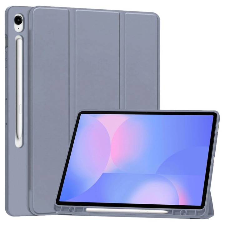 Husa tableta pentru Samsung Galaxy Tab S10 FE Plus, suport Pencil, functie Sleep/Wake, SKDR, Flex Trifold, Mov, set cu sticker