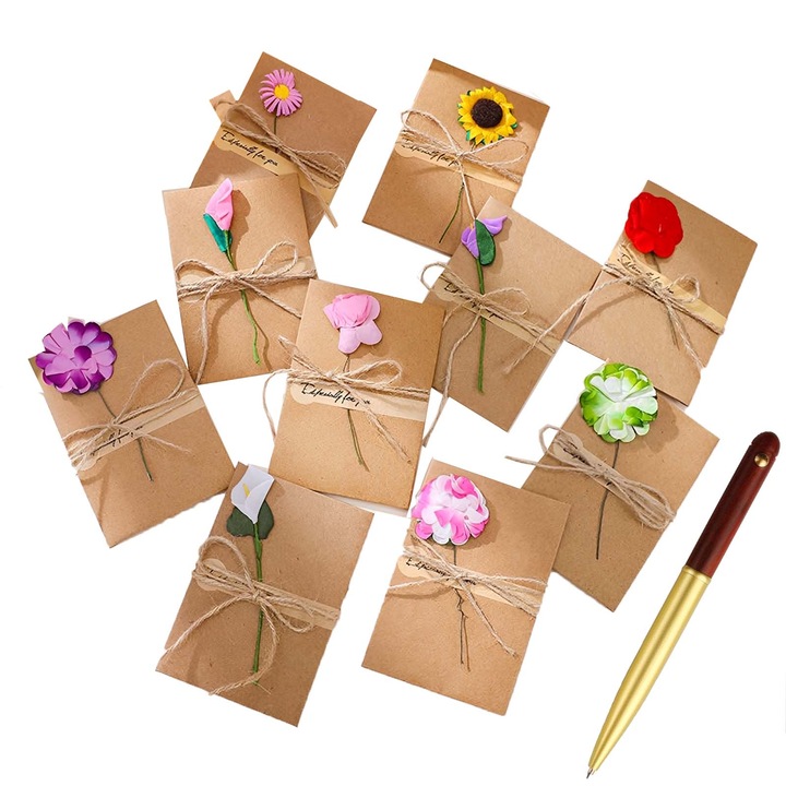 Комплект от 10 поздравителни картички TREXORA, със сухи цветя, пликове, химикалка, изработени от розово дърво/месинг