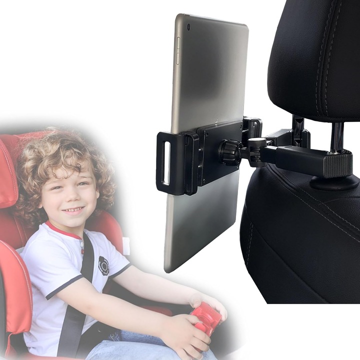Suport auto pentru telefon/tableta ViWaVee, montare pe tetiera, rotativ 360°, curea antiderapanta, compatibil iPad, Kindle, Samsung Galaxy Tab, 6.5–10.9 inch