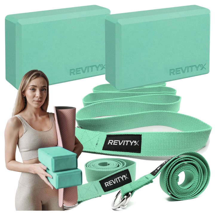 Set de yoga Revity, 2 blocuri de yoga 23x15x7,5 cm si curea de intindere 3,8x200 cm