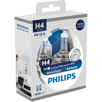 Set 2 Becuri auto cu halogen pentru far Philips H4 White Vision, 12V, 55W Set 2 Becuri auto cu halogen pentru far Philips H4 White Vision, 12V, 55W
