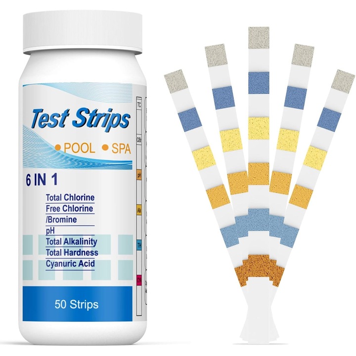 Test apa,100 Benzi de testare 6 in 1, Detectare rapida a PH-ului, clor liber/clor total/PH/alcalinitate/duritate/acid cianuric, util pentru acvariu, piscina