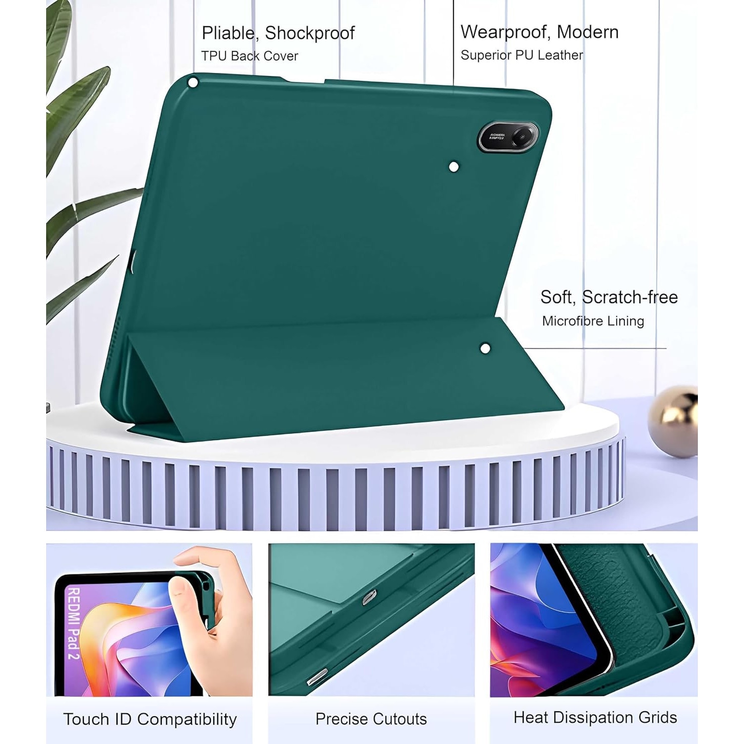 Husa pentru Xiaomi Redmi Pad 2 Soft Shell cu functie wake-up/sleep si compartiment pentru stylus tip stand - Verde