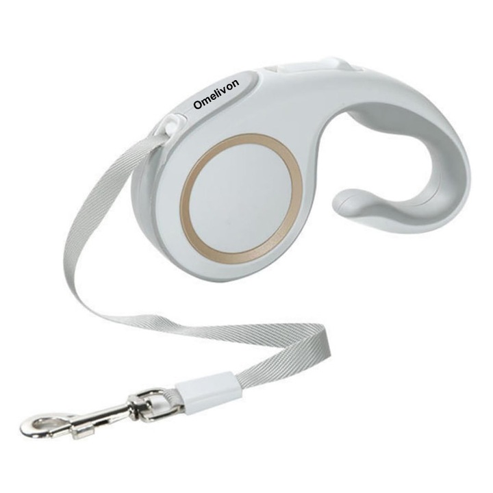 Lesa pentru caini cu maner confortabil, Omelivon 3m, retractabil, nylon, alb
