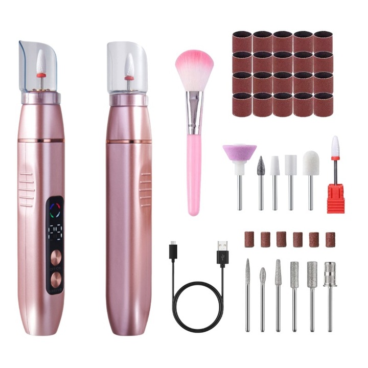 Пила за нокти, безжична електрическа пила за маникюр и педикюр, презареждаема, 12 накрайника, 36 шлифовъчни ленти, ергономичен дизайн, розов