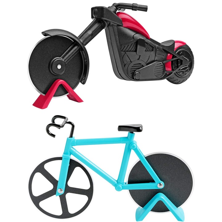 Set 2 Cuttere pentru pizza in forma de motocicleta si bicicleta, din otel inoxidabil si plastic, cu suport, design creativ