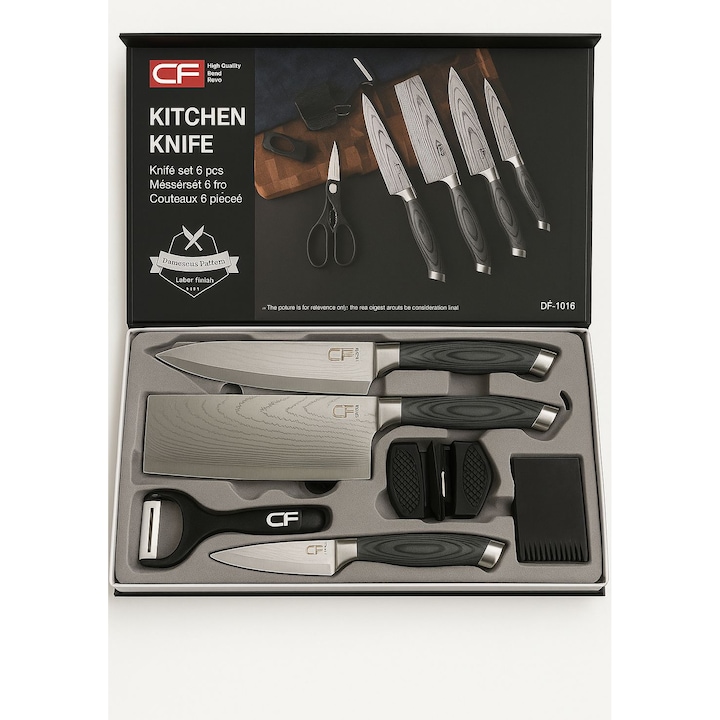 Set profesional cutite bucatarie 6 piese din inox tip Damascus – cutite carne + foarfeca + ascutitor + accesorii, maner ergonomic din lemn, cadou ideal pentru gatit acasa
