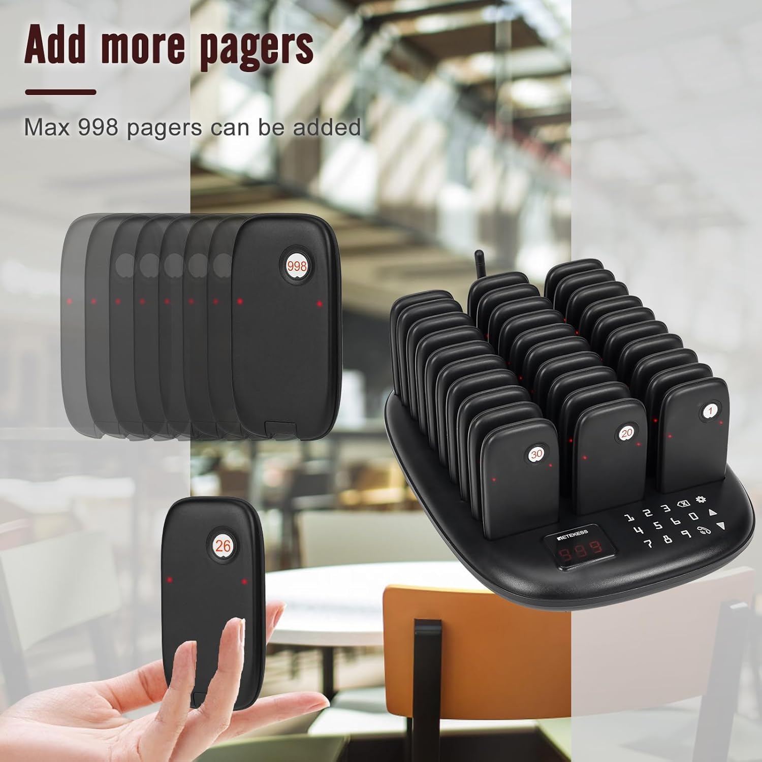 Retekess T114 Restaurant Pager, Oproepsysteem Restaurant, 3 Keuze Oproep Betalen Annuleren, 6 Gesproken Prompts, voor Ziekenhuisbarvoor Hotels(1 Schermontvanger en 10 Belknoppen
