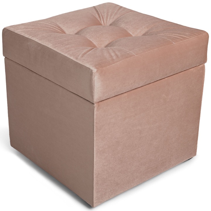 Taburet tapitat cu depozitare, 45x45 cm, roz deschis – puf elegant si practic pentru hol, dormitor sau living