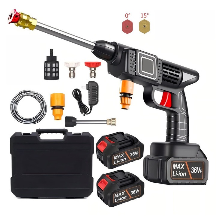 Aparat de spalat cu presiune fara fir 36V, Spalator auto high pressure washer fara fir, set premium (unitate+2 baterii+9 accesorii),2 duze(0°/15°)/teava 6.5m/spumator, pentru auto/plante/tratament, negru