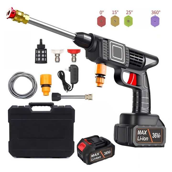 Aparat de spalat cu presiune fara fir, Spalator auto high pressure washer cu baterie Li-ion - Unitate goala + baterie 1200mAh + set 11 accesorii (4 duze: 0°/15°/25°/360°, furtun 6.5m, pistol spuma) pentru spalat auto uz casnic si comercial, negru
