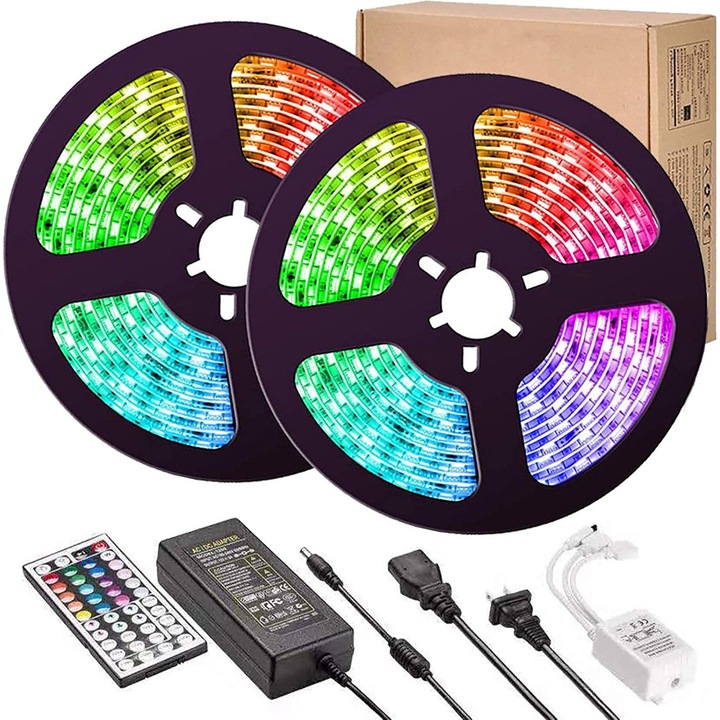LED szalag 10m RGB 5050 SMD távirányítóval és zenei szinkronizálással, többszínű