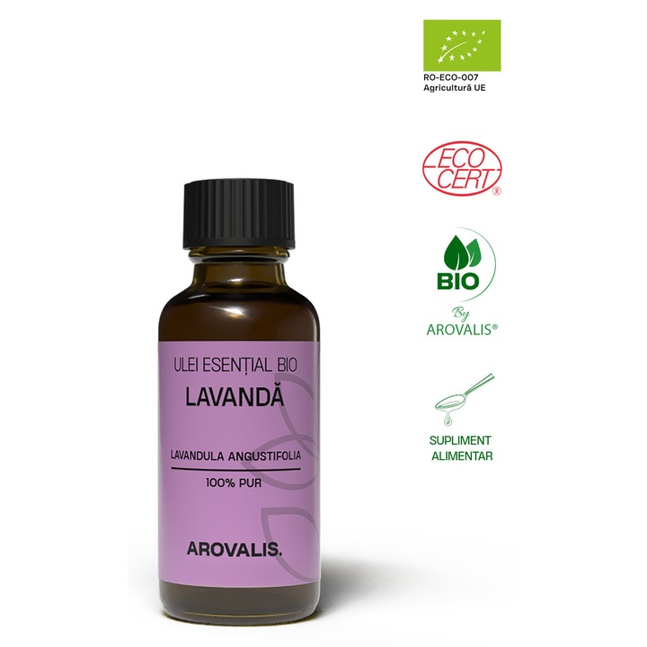 Arovalis - Ulei Esential Bio de Lavanda, Supliment Alimentar, 100% Pur, 30ml