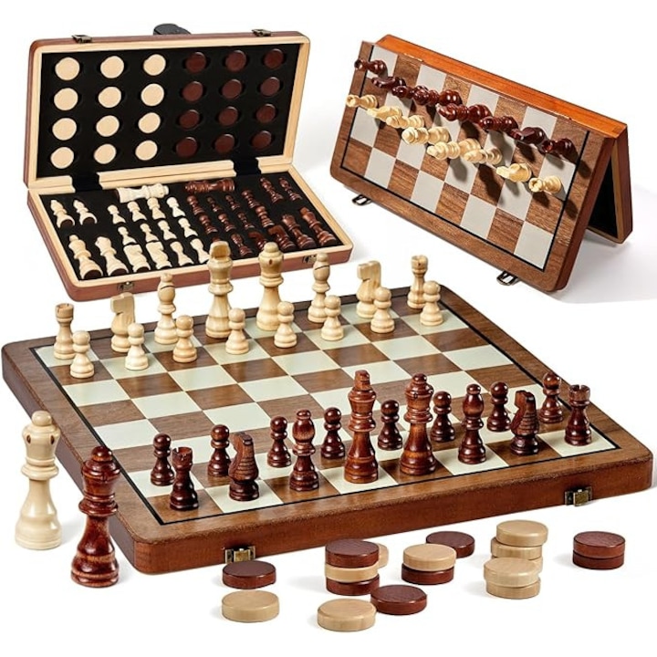 Дървен магнитен комплект за шах и табла, 15" - 2 в 1, с 2 допълнителни царици, сгъваем дизайн, с отделения за съхранение, идеален за начинаещи