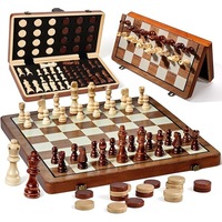Set de sah magnetic din lemn si joc de dame, tabla de sah pliabila de 15" (2 in 1) - Piese de sah realizate manual (2 regine suplimentare) - Compartimente de depozitare - Pachet cadou, set de sah ideal pentru incepatori