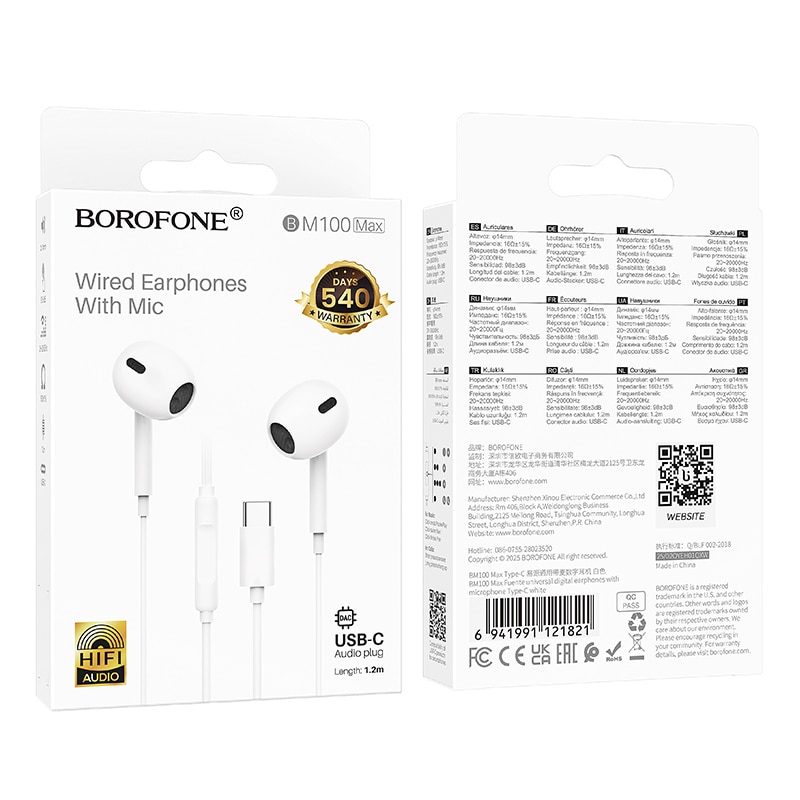 Casti Borofone BM100 Max Fuente, Cu Microfon, Control Redare, Mufa Type C cu DAC, Alb