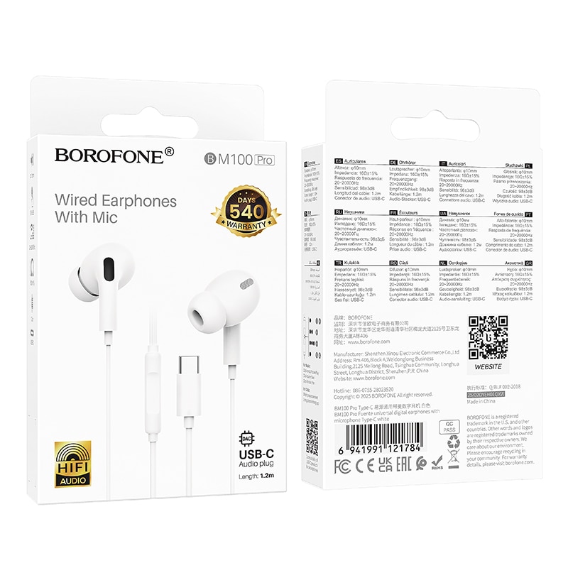 Casti Borofone BM100 Pro Fuente, Cu Microfon, Control Redare, Mufa Type C cu DAC, Alb