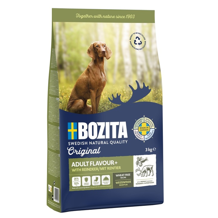 Hrana caini adulti, Bozita, 3 kg, carne de pui si carne de ren, fara grau, multicolor