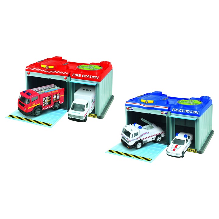 Statie mobila cu 2 masinute metalice, Wiky, 24x15,5x12,5 cm, pompieri si politie