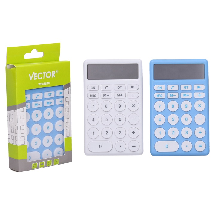 Calculator de birou Vector, simplu, alb si albastru, 8,5x13,5cm, include 1 x AAA baterie