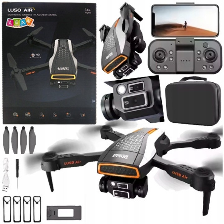 Dronă BEMI LU50 AIR, cameră duală HD, control prin aplicație, negru-argintiu cu detalii portocalii, set complet 22,5x17x8cm