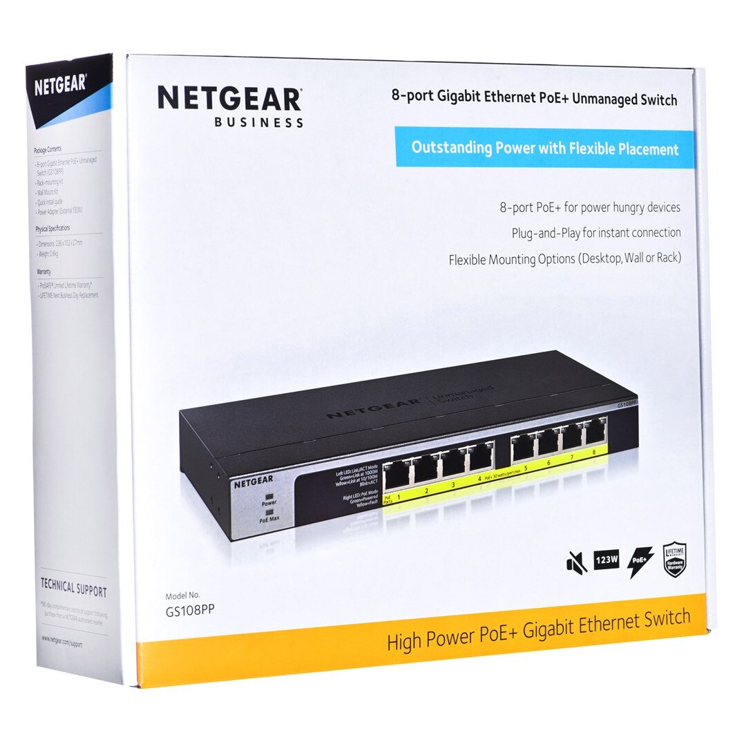 Switch Ethernet Netgear GS108PP-100EUS, 8 porturi Gigabit, PoE, 16
