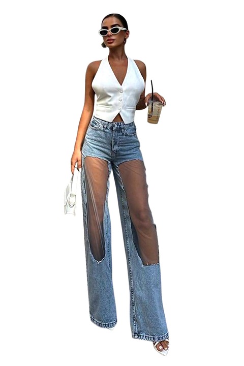 Дънки за парти Nairobi с широки крачоли, с тюл и висока талия, светлосини, FashionForYou