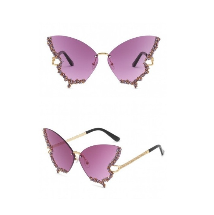 Ochelari de soare dama, REDZ Accessories, Fluture, cristale multicolore, protectie UV400, Mov, 15x7cm