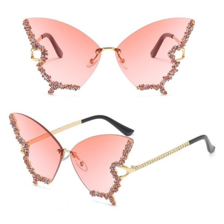 Ochelari de soare dama, REDZ Accessories, Fluture, Cristale, Roz, 15x7cm