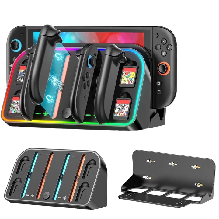 Statie de Incarcare pentru 4 Nintendo Switch 2 JoyCon, Omelivon, RGB indicator de incarcare, Suport de perete pentru, Negru