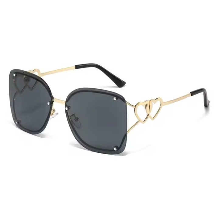 Ochelari de Soare, Fashion cu Inimi, Lentile Patrate, Protectie UV400, Negru Auriu