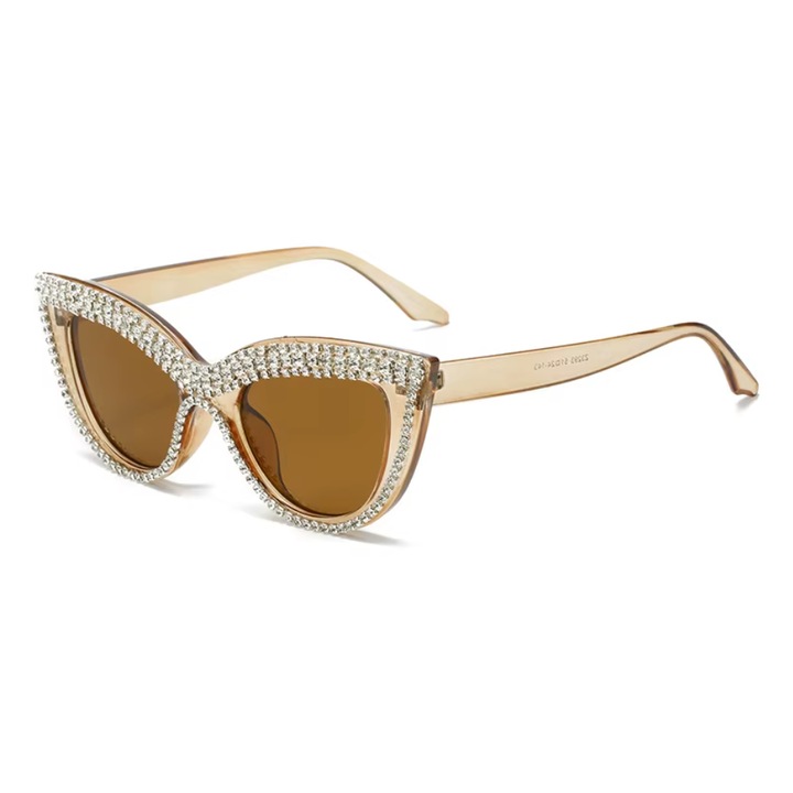 Ochelari de Soare Cat-Eye, Design Glamour, Cristale, Protectie UV400, Maro Transparent