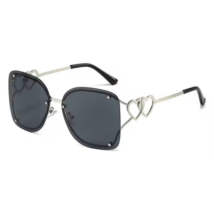 Ochelari de Soare, Fashion cu Inimi, Lentile Patrate, Protectie UV400, Negru Argintiu