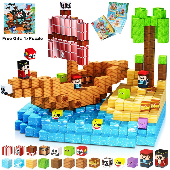 100 darabos mágneses építőkészlet, kalózhajó világkészlet, Montessori játékok, számos kreatív építési lehetőség, kockák, barkácsolás, képzelet és kreativitás, ajándék 3-14 éves gyermekeknek
